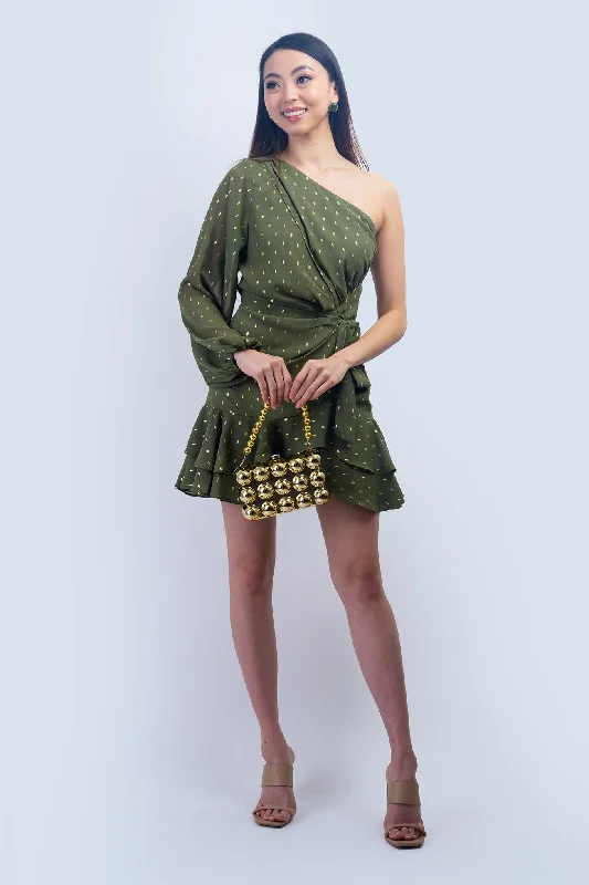 Olive & Gold One Shoulder Mini Dress