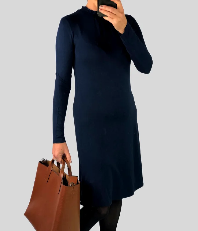 Navy Shirred Neck Swing Dress