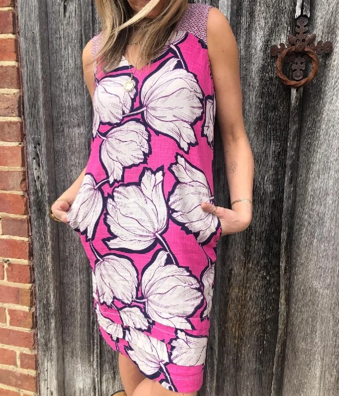 Pink Bold Flower Linen Blend Dress