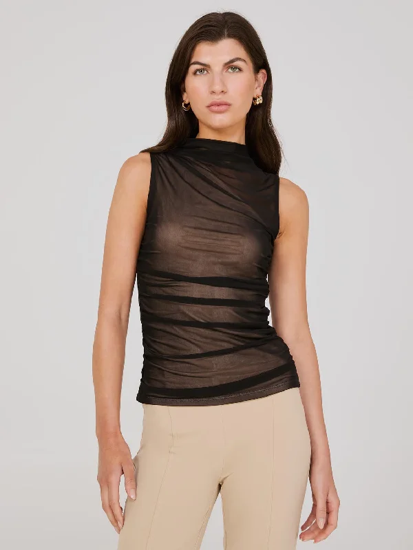 One-Shoulder Mock Neck Top With Mesh Overlay