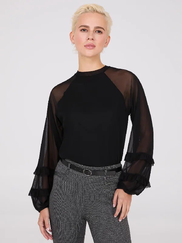 Mock Neck Mesh Top With Ruffle Details