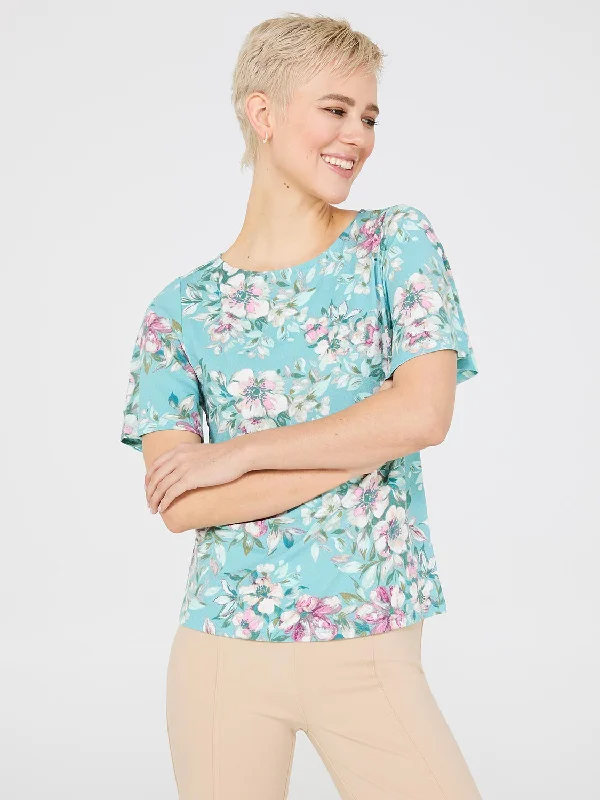 Floral Print Flutter Sleeve Boat Neck Top