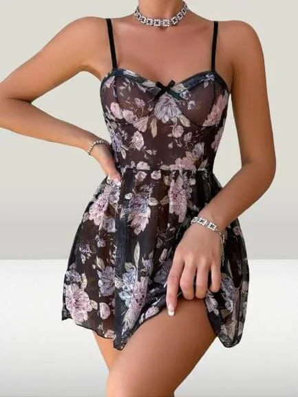 Floral Printed Chiffon Lingerie Dress Short